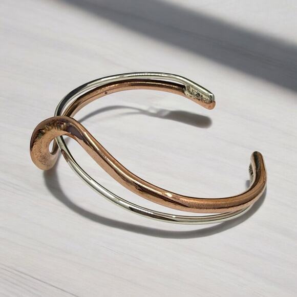 Copper 925 Sterling Silver Wave Cuff Bracelet Adjustable Size Artisan Handmade - Picture 4 of 8
